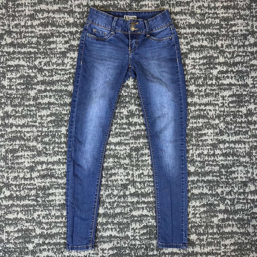 Soundgirl Skinny Jeans Womens 1 Blue Denim Double Button Stretch Slim Fit